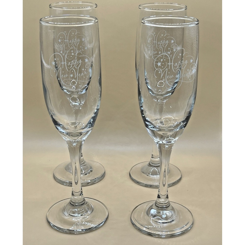 Set of 4 Vintage Happy New Year Champagne Flutes 8" Toasting Glasses Barware Y2K